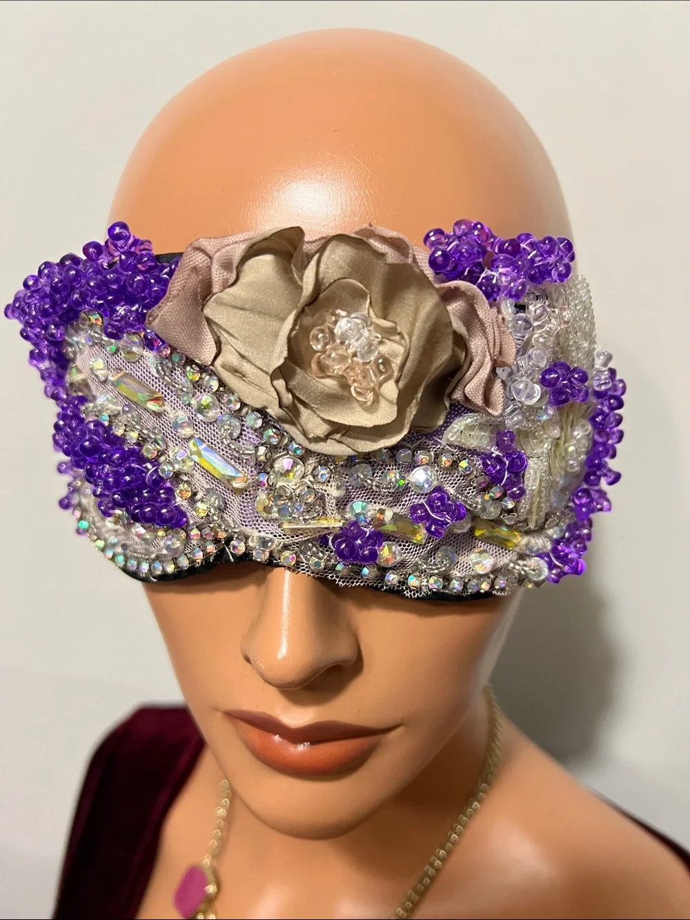 Purple Beaded Decorative Sleep Mask with Champagne Flower Accent